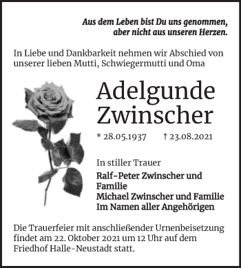 Traueranzeige von Adelgunde Zwinscher von Mitteldeutsche Zeitung Halle/Saalkreis