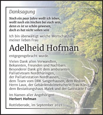 Traueranzeige von Adelheid Hofman von Trauerkombi Sangerhausen