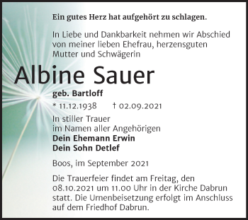 Traueranzeige von Albine Sauer von Trauerkombi Wittenberg