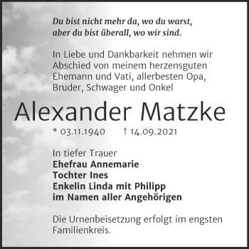 Traueranzeige von Alexander Matzke von Trauerkombi Bernburg