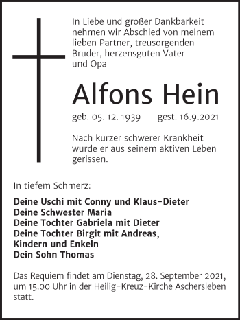 Traueranzeige von Alfons Hein von Trauerkombi Aschersleben