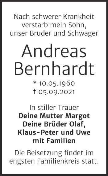 Traueranzeige von Andreas Bernhardt von Mitteldeutsche Zeitung Halle/Saalkreis
