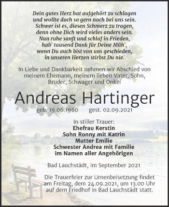 Traueranzeige von Andreas Hartinger von Trauerkombi Merseburg