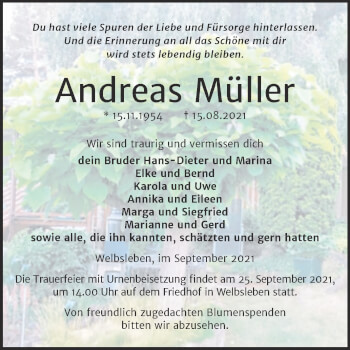 Traueranzeige von Andreas Müller von Trauerkombi Mansfelder Land