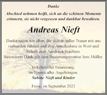 Traueranzeige von Andreas Nieft von Trauerkombi Aschersleben