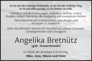 Traueranzeige von Angelika Bretnütz von Wochenspiegel Naumburg/Nebra