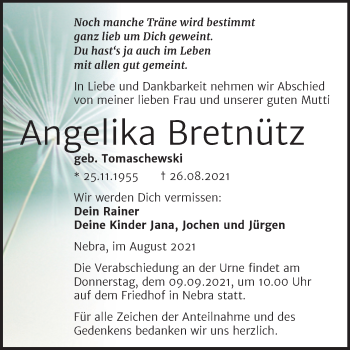 Traueranzeige von Angelika Bretnütz von Wochenspiegel Naumburg/Nebra