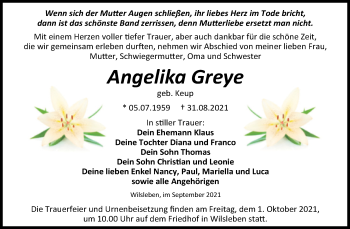 Traueranzeige von Angelika Greye von Trauerkombi Aschersleben