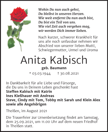 Traueranzeige von Anita Kabisch von Trauerkombi Zeitz