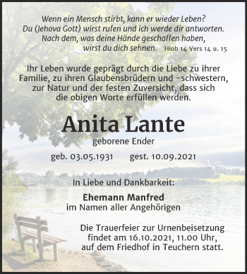 Traueranzeige von Anita Lante von Trauerkombi Weißenfels