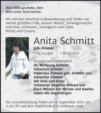 Traueranzeige von Anita Schmitt von Trauerkombi Merseburg