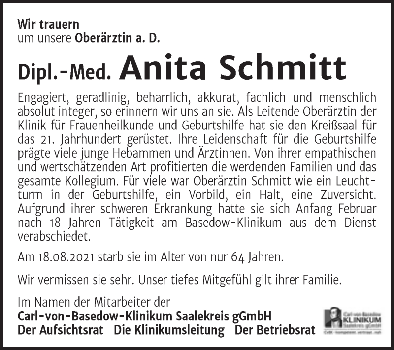  Traueranzeige für Anita Schmitt vom 08.09.2021 aus Mitteldeutsche Zeitung Merseburg/Querfurt