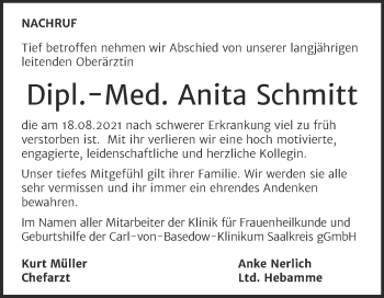 Traueranzeige von Anita Schmitt von Mitteldeutsche Zeitung Merseburg/Querfurt