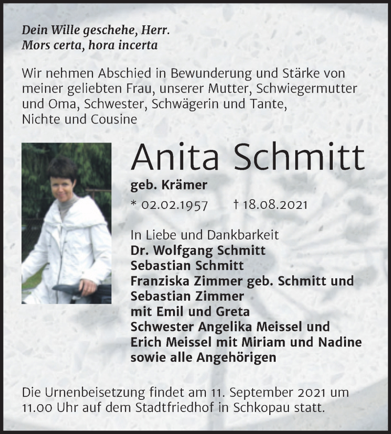  Traueranzeige für Anita Schmitt vom 04.09.2021 aus Trauerkombi Merseburg