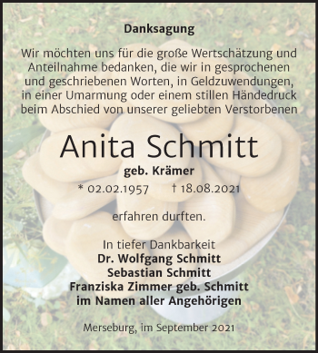 Traueranzeige von Anita Schmitt von Trauerkombi Merseburg