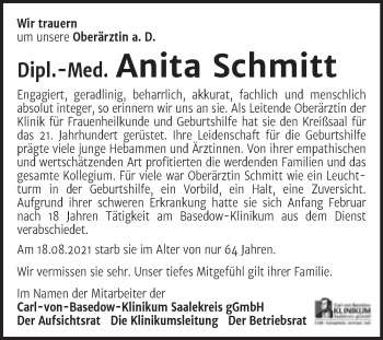 Traueranzeige von Anita Schmitt von Mitteldeutsche Zeitung Merseburg/Querfurt