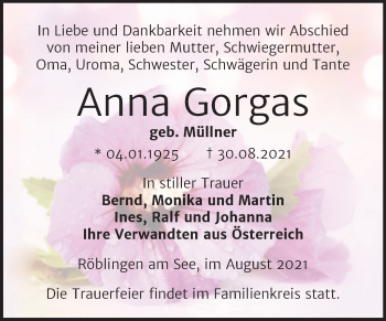 Traueranzeige von Anna Gorgas von Trauerkombi Mansfelder Land