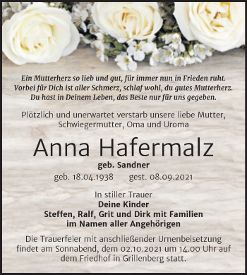 Traueranzeige von Anna Hafermalz von Trauerkombi Sangerhausen