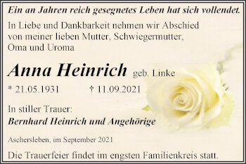 Traueranzeige von Anna Heinrich von Trauerkombi Aschersleben