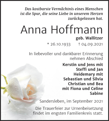 Traueranzeige von Anna Hoffmann von Trauerkombi Mansfelder Land