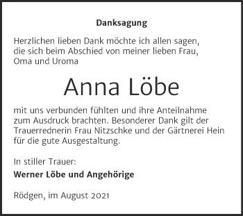 Traueranzeige von Anna Löbe von Trauerkombi Bitterfeld