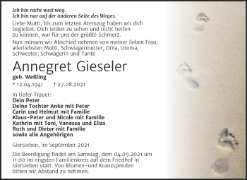 Traueranzeige von Annegret Gieseler von Mitteldeutsche Zeitung Aschersleben