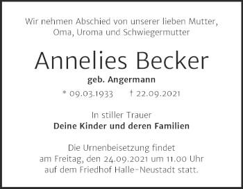 Traueranzeige von Annelies Becker von Mitteldeutsche Zeitung Halle/Saalkreis