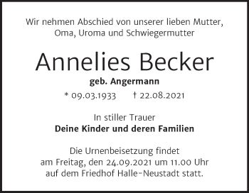 Traueranzeige von Annelies Becker von Mitteldeutsche Zeitung Halle/Saalkreis