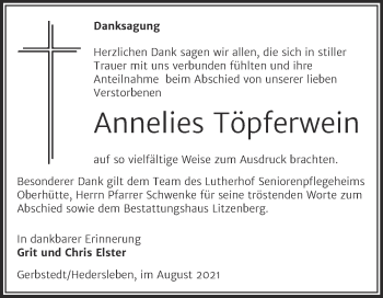 Traueranzeige von Annelies Töpferwein von Trauerkombi Mansfelder Land