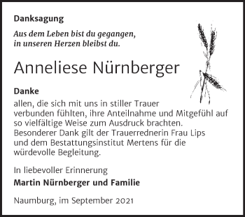 Traueranzeige von Anneliese Nürnberger von Wochenspiegel Naumburg/Nebra
