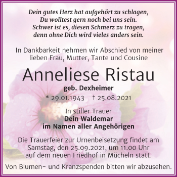 Traueranzeige von Anneliese Ristau von Trauerkombi Merseburg