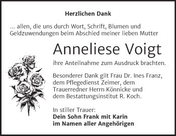 Traueranzeige von Anneliese Voigt von Wochenspiegel Naumburg/Nebra