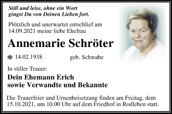 Traueranzeige von Annemarie Schröter von Trauerkombi Dessau
