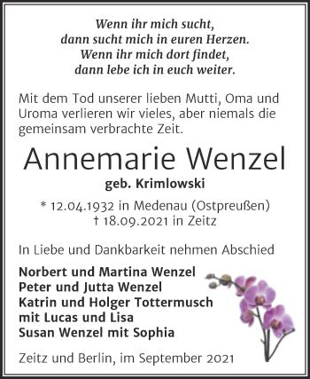 Traueranzeige von Annemarie Wenzel von Trauerkombi Zeitz