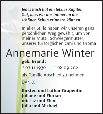Traueranzeige von Annemarie Winter von Trauerkombi Quedlinburg