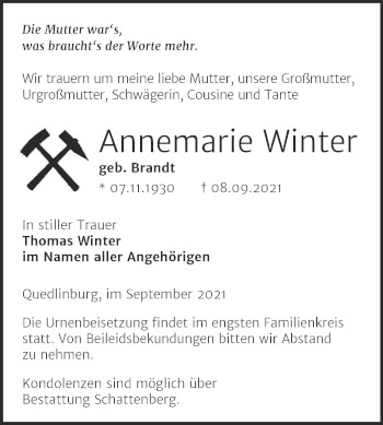 Traueranzeige von Annemarie Winter von Trauerkombi Quedlinburg