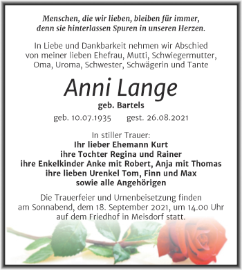 Traueranzeige von Anni Lange von Trauerkombi Quedlinburg