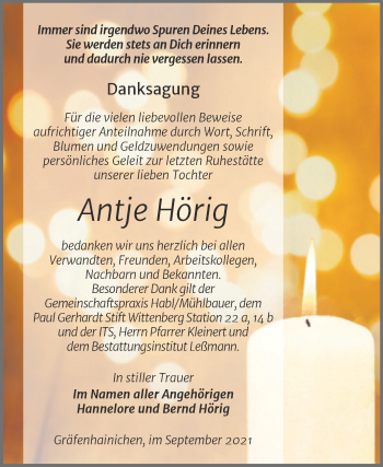 Traueranzeige von Antje Hörig von Trauerkombi Wittenberg