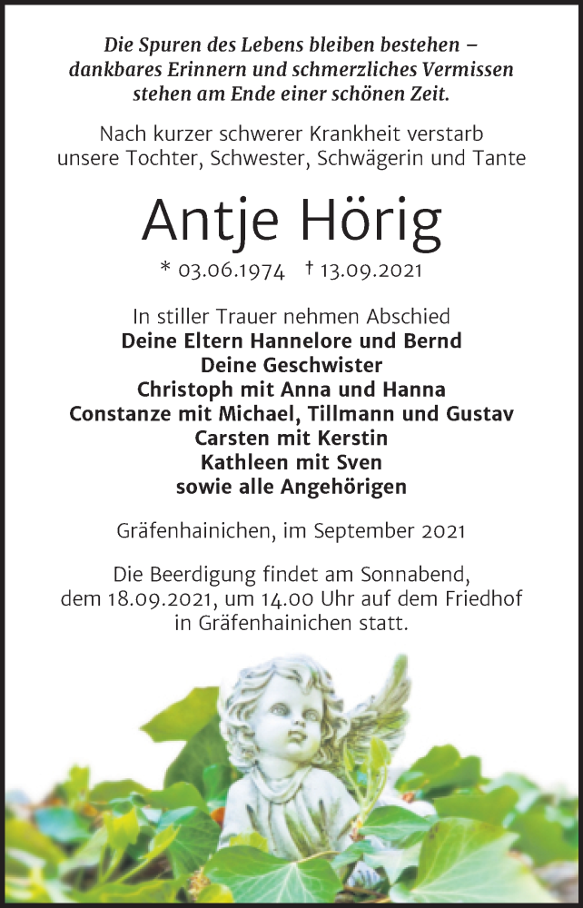  Traueranzeige für Antje Hörig vom 15.09.2021 aus Mitteldeutsche Zeitung