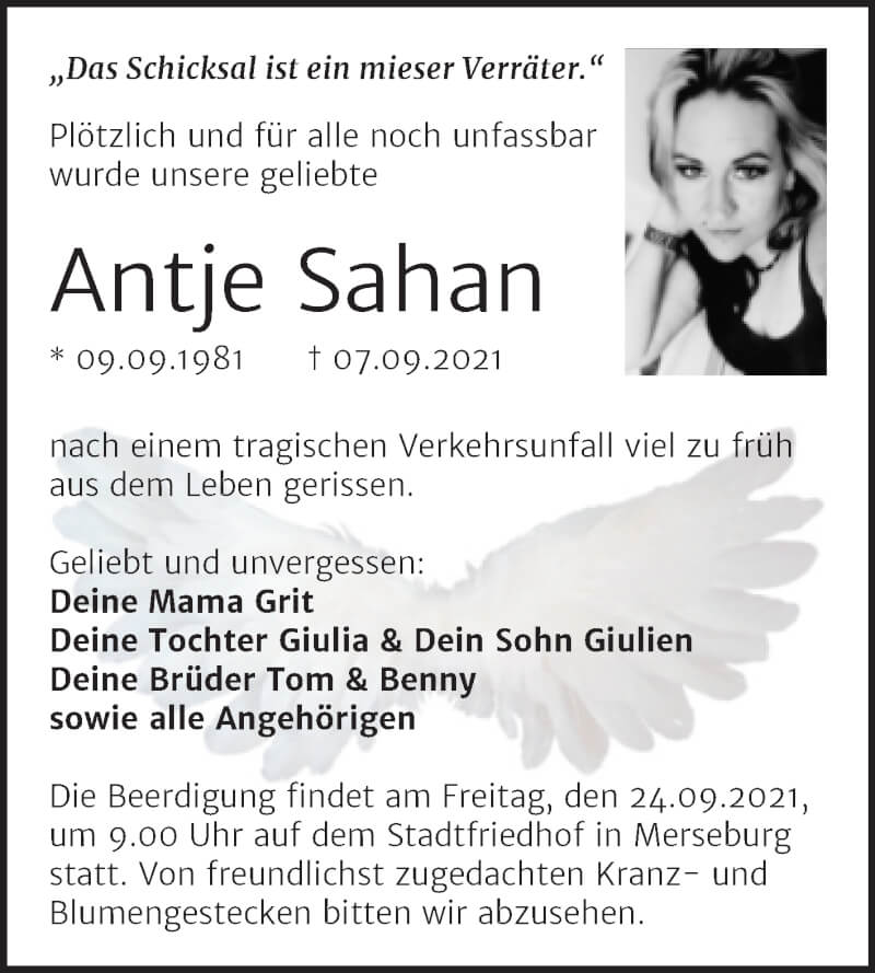  Traueranzeige für Antje Sahan vom 18.09.2021 aus Trauerkombi Merseburg