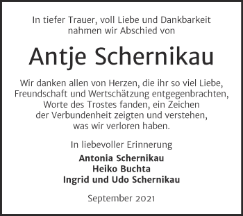 Traueranzeige von Antje Schernikau von Mitteldeutsche Zeitung Köthen