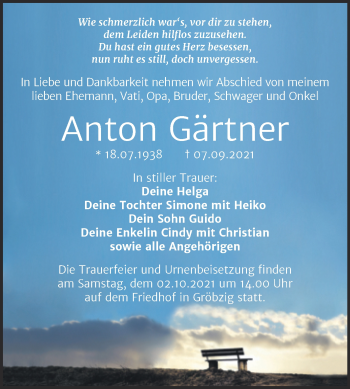 Traueranzeige von Anton Gärtner von Trauerkombi Köthen