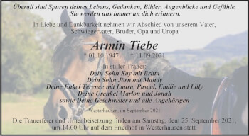 Traueranzeige von Armin Tiebe von Trauerkombi Quedlinburg