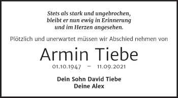 Traueranzeige von Armin Tiebe von Trauerkombi Quedlinburg