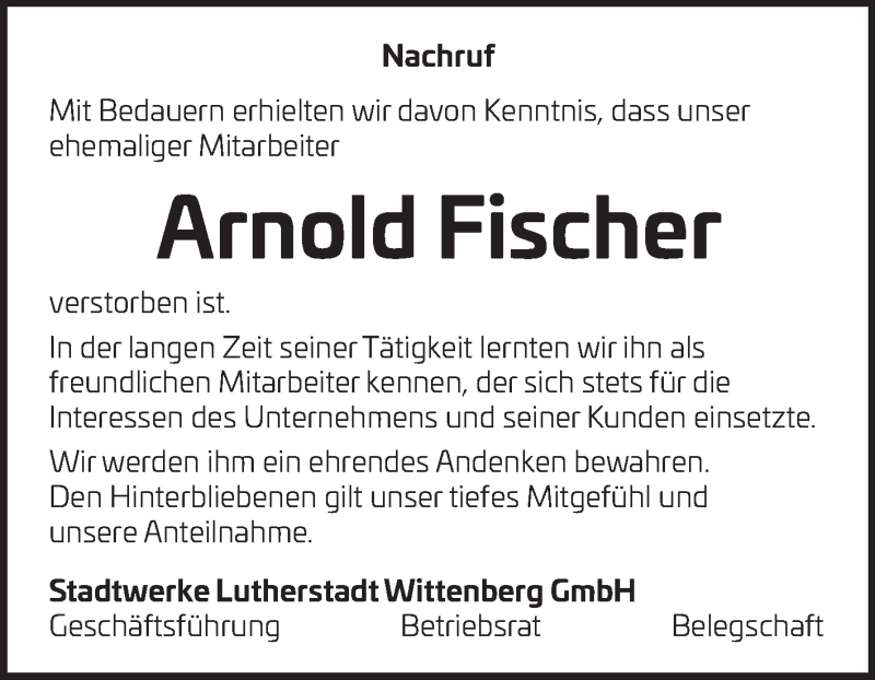  Traueranzeige für Arnold Fischer vom 25.09.2021 aus Super Sonntag Wittenberg
