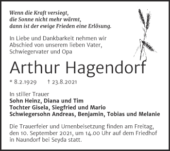 Traueranzeige von Arthur Hagendorf von Trauerkombi Wittenberg