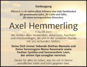 Traueranzeige von Axel Hemmerling von Trauerkombi Dessau