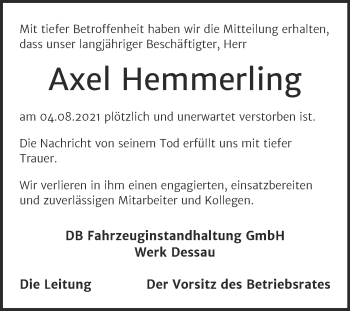 Traueranzeige von Axel Hemmerling von Mitteldeutsche Zeitung Dessau-Roßlau