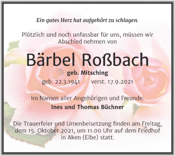 Traueranzeige von Bärbel Roßbach von Trauerkombi Dessau