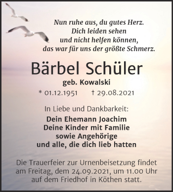Traueranzeige von Bärbel Schüler von Trauerkombi Köthen